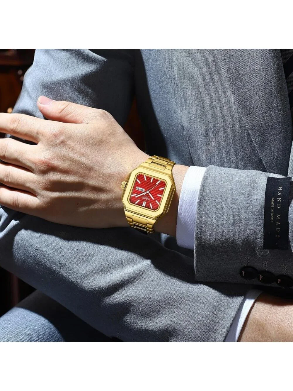 Nibosi Men's Gold Red Analog Quartz Stainless Steel Waterproof Date Square Watch